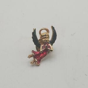 Enamel Praying Halo Angel Lapel Pin Gold Tone Green Wings Red Robe Tie Tack 1"
